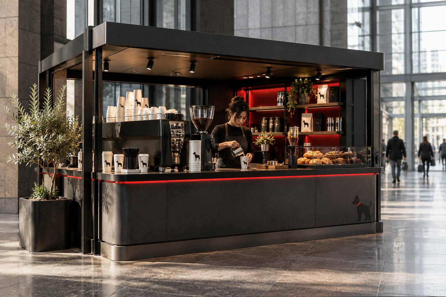 Concept of a community-branded coffee kiosk in a modern concourse